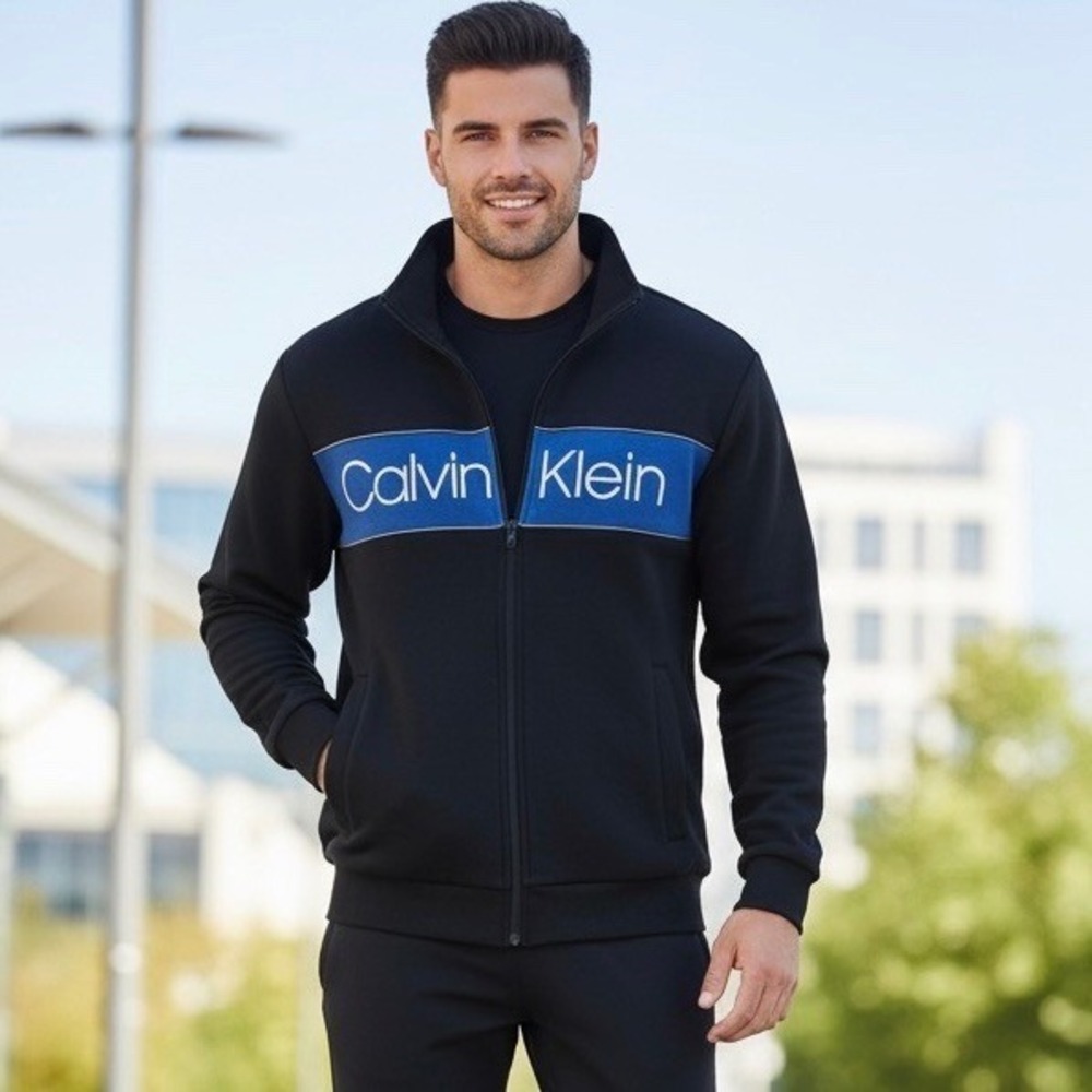 Calvin‎ Klein Soft Touch Fleece Zip Up Jacket Men Large Front Logo Pockets Black